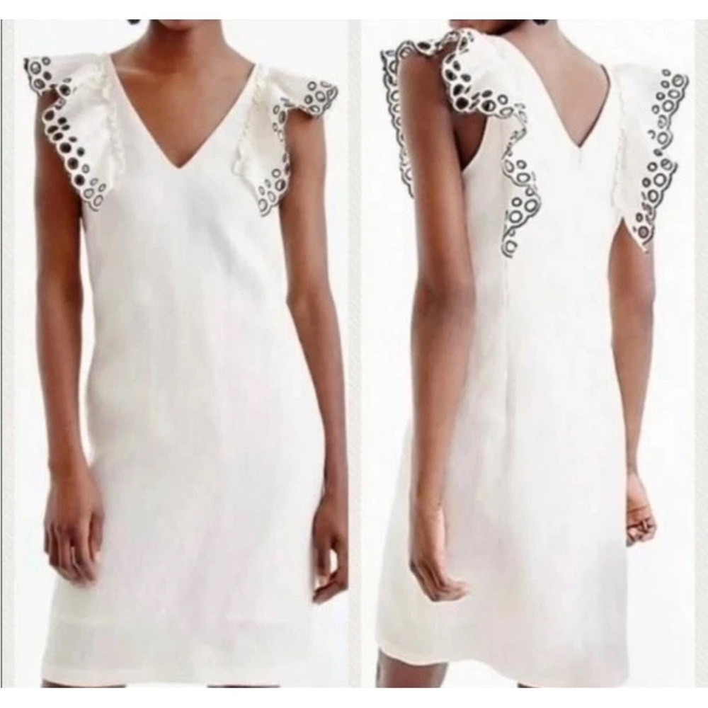 J Crew Collection Eyelet Ruffle Shoulder Dress Sleeveless V neck Linen Blend 2
